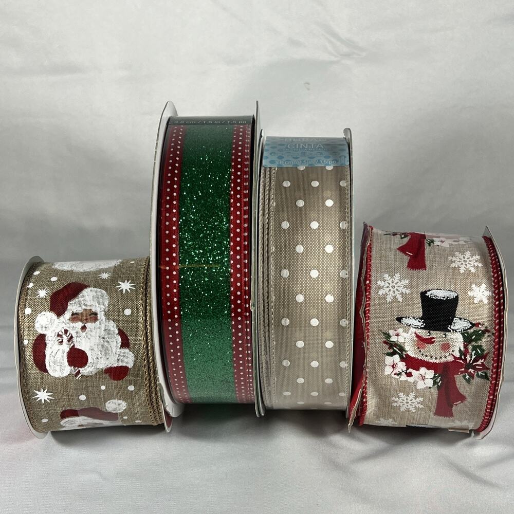 Lot of 4 Christmas Ribbons Kirkland Polka Dot Vintage Santa Snowman 114 Yards